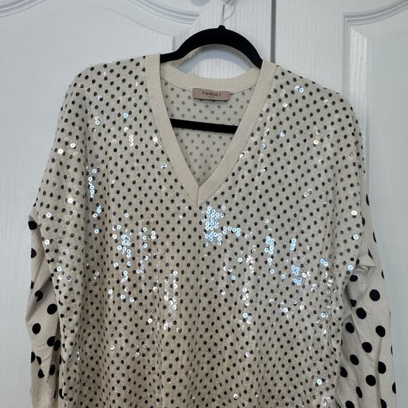 Milano Twinset Embellished Knit Polka Dot Sweater Sz Small 3/4 Sleeve Black - Picture 2 of 8